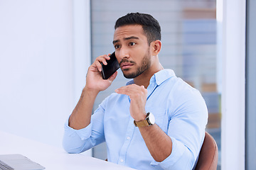 Image showing Phone call, planning and businessman talking to a contact, networking and mobile communication in an office. Corporate, employee and man or professional in conversation using a smartphone app