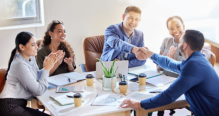 Image showing Business people, handshake and applause in meeting for hiring, b2b agreement or teamwork at office. Happy group of employees shaking hands and clapping in recruitment, partnership or corporate growth