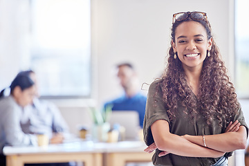 Image showing Business woman, portrait smile and arms crossed for leadership or management in meeting at the office. Happy female person or confident manager smiling for teamwork, success or planning at workplace