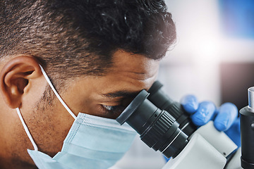 Image showing Science, laboratory and man with microscope for research, medical analysis and lab test for sample. Healthcare, biotechnology and face of male scientist with equipment for virus, experiment and exam