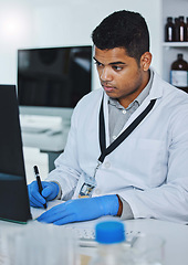 Image showing Scientist man, writing and lab computer for medical notes, pharmaceutical report and research with data analysis. Young science expert, pc and paperwork for test, check and innovation in laboratory