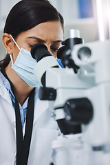 Image showing Science, laboratory and woman with microscope for medical analysis, research and lab test. Healthcare, biotechnology and female scientists with equipment for sample, experiment and examine virus