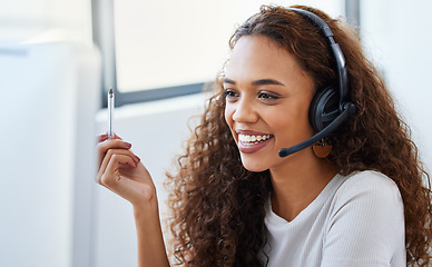 Image showing Call center, consulting and online with woman in office for telemarketing, customer service and ecommerce help desk. Advisory, sales and contact us with female consultant at computer for crm agent