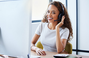 Image showing Call center, consulting and portrait of business woman in office for telemarketing, customer service and ecommerce help desk. Advisory, sales and contact us with consultant at computer for crm agent