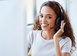 Image showing Call center, portrait and business woman in office for telemarketing, customer service and ecommerce help desk. Advisory, sales and contact us with female consultant at computer for crm agent