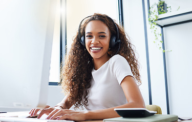 Image showing Call center, happy and portrait of woman in office for telemarketing, customer service and ecommerce help desk. Advisory, sales and contact us with female consultant at computer for crm agent