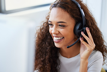 Image showing Call center, consulting and listening with woman in office for telemarketing, customer service and ecommerce help desk. Advisory, sales and contact us with female consultant for crm agent and online