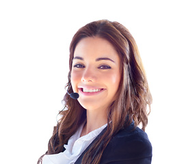 Image showing Portrait, smile and call center woman in studio happy for customer service and support. Face of a female telecom, sales or help desk consultant or agent with a headset isolated on a white background