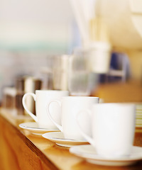 Image showing Closeup, collection of tea or coffee mug and porcelain, cup with plate on table with background mockup. White, glass and breakfast catering service set for cafe, hotel hospitality or restaurant