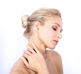 Image showing Beauty, woman and natural skincare of neck, white background and isolated studio for dermatology. Female model with aesthetic glow, shine and clean cosmetics for facial aesthetics, wellness and salon