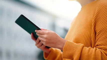 Image showing Tablet, outdoor city and woman hands typing for application management, fast networking or business update news. Professional person or busy worker on digital technology for online feedback or email