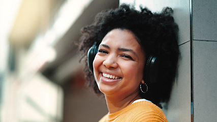 Image showing Black woman, portrait or music headphones on isolated yellow background, fashion mockup or wall mock up. Smile, happy or laughing student listening to radio, audio and podcast in trendy or cool cloth