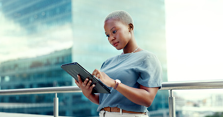 Image showing Black woman, business and tablet portrait in city for online communication, networking or trading. Entrepreneur person with urban buildings and 5g network connection for writing email on mobile app