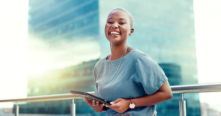 Image showing Black woman, business and tablet portrait in city for online communication, networking or trading. Entrepreneur person with urban buildings and 5g network connection for writing email on mobile app