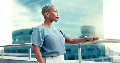 Image showing Black business woman in city on balcony and thinking for opportunity, vision and professional mindset. Female leader, ceo, and manager with skills and motivation for career goals as future leader