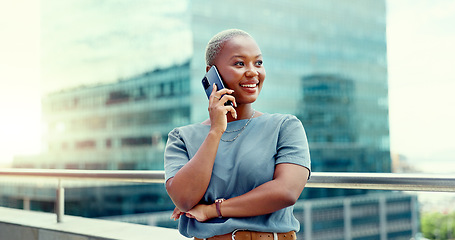 Image showing Black woman, business phone call and time management in city outdoor for communication. Entrepreneur person with urban buildings and motivation for networking, schedule and success deal conversation