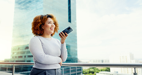 Image showing Digital, city or black woman with phone call loud speaker for communication, networking or contact us at office building. Employee, worker or startup girl on smartphone for 5g virtual assistance