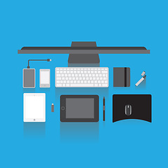 Image showing Computer, keyboard and tablet on blue background for online network, workspace planning and application above. Graphic design of desktop pc and digital technology with electronics, mouse and notebook