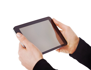 Image showing Hands, mockup and digital tablet in a studio for advertising, marketing and branding promo. Technology, communication and model with a mobile with mock up screen isolated by a white background.