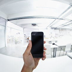 Image showing Pov, phone screen and mockup with hands of person in office for communication, website and digital. Technology, internet and contact with closeup of business man for social media, connection and text