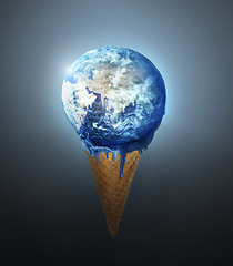 Image showing Earth ice cream, cone and globe with climate change, melting and international disaster. Sphere animation, dessert and gelato overlay for sustainability, global warming and clouds for blue planet