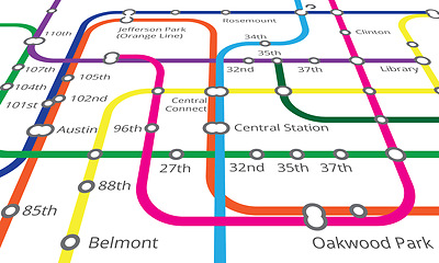 Image showing Underground, train railway and map diagram of metro for navigation, travel or transport with infrastructure. Chart, subway transportation and lines for urban journey, route or itinerary to location