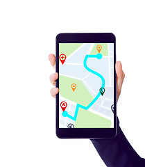 Image showing Hands with mobile app, screen or online location for city travel on road map or direction route on white background. Mockup or person with phone ux display of journey, navigation or virtual guide