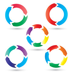 Image showing Colorful, circle and icons of illustration with arrows pointing round against a white background. Collection of isolated circular shape diagram, graphic or symbol for life cycle, pattern or recycling