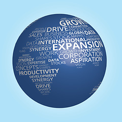 Image showing Cloud, word of stock market for finance analysis and business or round shape globe map. Productivity, data stocks or investment and corporation. Economy growth research, networking and currency