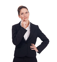 Image showing Thinking, business and woman with ideas, opportunity and employee isolated against white studio background. Female person, entrepreneur and consultant with choices, promotion and thoughts with career