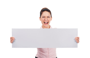 Image showing Portrait, mockup and woman with a poster, promotion and girl isolated against a white studio background. Face, female person and model with paper, decision and opportunity with a smile and choice