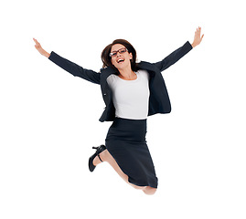 Image showing Business woman, jump celebration and studio portrait with freedom, happiness and achievement by white background. Isolated businesswoman, flying and winning with bonus, goals or profit by backdrop