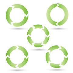 Image showing Green, circle and icons of illustration with arrows pointing round against a white background. Collection of isolated circular shape, graphic or symbol of diagram for life cycle, pattern or recycling