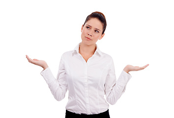 Image showing Thinking, shrug and business woman confused over question, doubt or corporate problem. Dont know gesture, raised hands and studio agent, consultant or professional person on white background