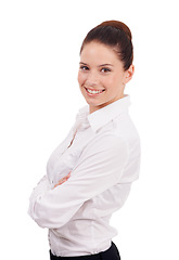 Image showing Happy, work and portrait of a woman with arms crossed isolated on a white background in a studio. Smile, pride and a corporate employee with happiness, confidence and professional for a company