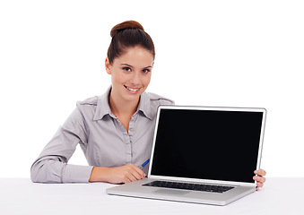 Image showing Laptop screen, studio and happy portrait woman with business mockup for online, web or internet research. Professional, happiness and person with website presentation isolated on white background