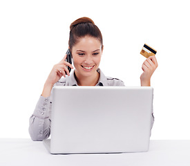 Image showing Online shopping, credit card and a woman with a laptop and phone call isolated on white background. Happy, female corporate employee and reading email, buying product on the web and talking on mobile