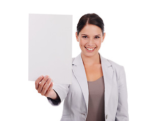 Image showing Portrait, mockup and woman with a paper, deal and promotion isolated against white studio background. Face, female person or employee with a poster, decision or choice with brand logo or presentation