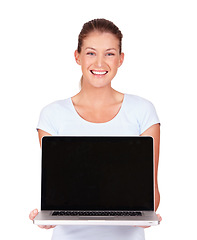 Image showing Woman, blank laptop and studio portrait with smile, mockup space and promo by isolated by white background. Model girl, student and computer with happiness for education, research or studying on web