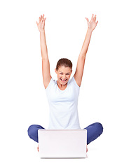 Image showing Celebrate, winner and woman in a studio with laptop for online sports bet success or achievement. Happy, celebration and female person winning with a smile and computer isolated by a white background