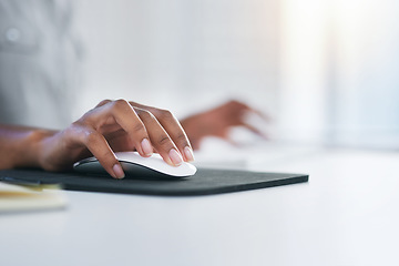 Image showing Computer, mouse and hands of business woman in office working on proposal, online document and project. Corporate workplace, desk and closeup of worker with pc for typing email, internet and research