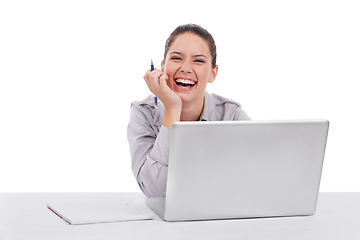 Image showing Business woman, laugh and laptop by white background in studio portrait for meme, comic video or social media. Entrepreneur, funny and excited face for notification, news or joke with app on computer