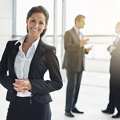 Image showing Portrait, management and a leader woman in corporate business standing in her office as a professional. Leadership, company and professional with a happy female manager in her workplace for success