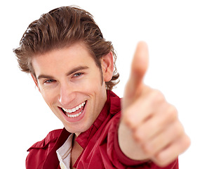 Image showing Man with smile in portrait, thumbs up and hand gesture, emoji and positive vote isolated on white background. Happy young male, thank you and yes with positivity, support and like sign in studio