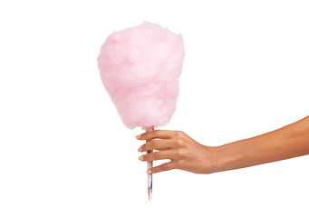 Image showing Closeup, woman and hand with cotton candy, dessert and sweets isolated against a white studio background. Zoom, female person and model with a carnival snack, tasty and fingers with sugar clouds