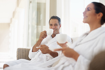 Image showing Laugh, coffee and smile with couple at spa for luxury, vacation and romance. Breakfast, peace and morning with happy man and woman at hotel resort for wellness, celebration and holiday travel