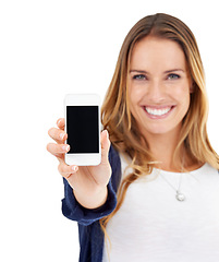 Image showing Showing phone screen, happy and portrait of a woman isolated on a white background in a studio. Smile, promotion and a young lady with a mobile in hand for connectivity, communication and branding