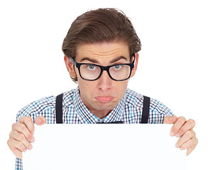 Image showing Sad, portrait and man with poster for mockup in studio isolated on a white background. Board, depressed and male person, nerd or geek with copy space for advertising, marketing and promotion banner.