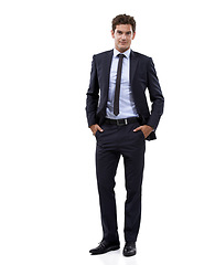 Image showing Businessman, full length and professional portrait in studio or formal suit, corporate manager or confident boss with hands in pocket. Man, employee or entrepreneur on white background for mockup