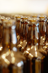 Image showing Closeup, row and beer bottles at a factory for manufacturing, produce and small business. Recycling, glass and empty bottle collection for zero waste, reuse and environmental, waste and prevention